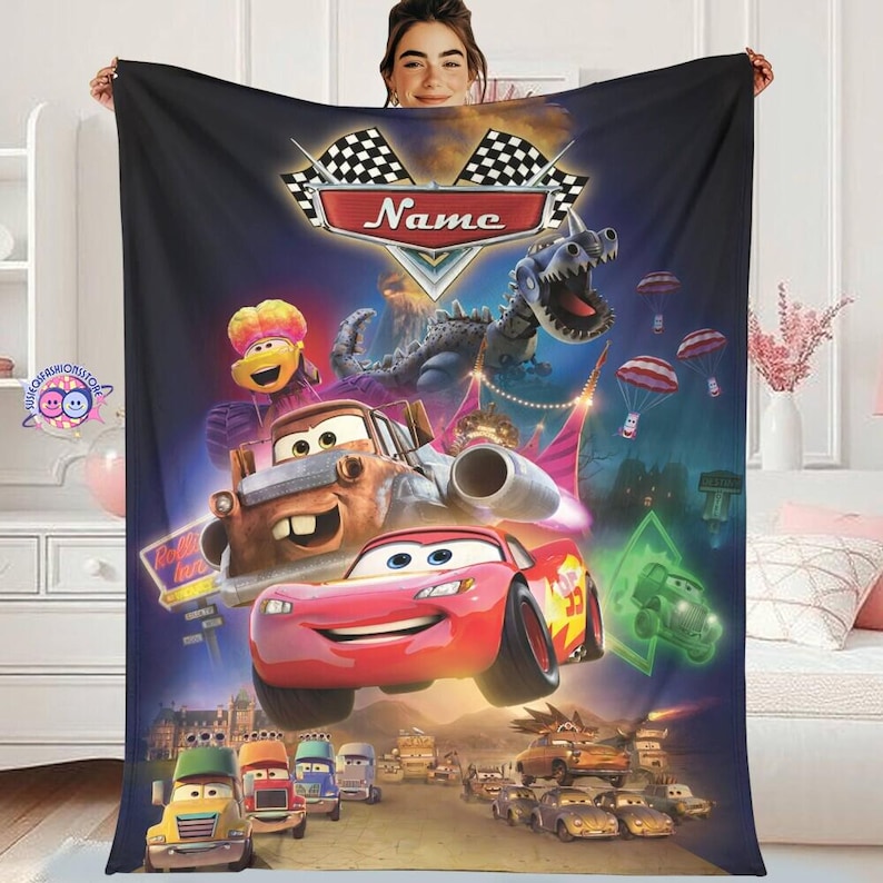 Custom Kids Fleece Blanket, Cars Movie Personalized Blanket, Lightning Mcqueen Mater Throw, Gift for Boys Birthday, Toddler Bedding Decor image 1