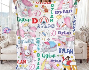 Personalized Dumbo Blanket, Custom Name Baby Blanket, Disneyland Elephant Decor, Circus Theme Nursery Bedding, Gift for Newborn Boy Or Girl