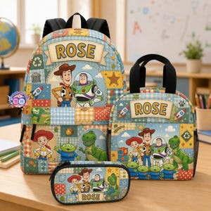 Personalized Toy Story Backpack Set, Buzz Woody Jessie Lunch Bag, Custom Kids Pencil Case, Gift for Child, School Supplies Bundle