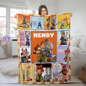 Personalized Zootopia Blanket, Nick Wilde & Judy Hopps Throw, Custom Name Baby Gift, Kids Bedroom Decor, Movie Character Bedding 画像 2