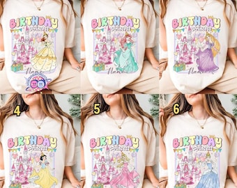 Personaliza la camiseta de cumpleaños de princesa de Disneyland con todos los personajes, regalos para el viaje de cumpleaños familiar a Disneyland, Bella, Ariel y Cenicienta.