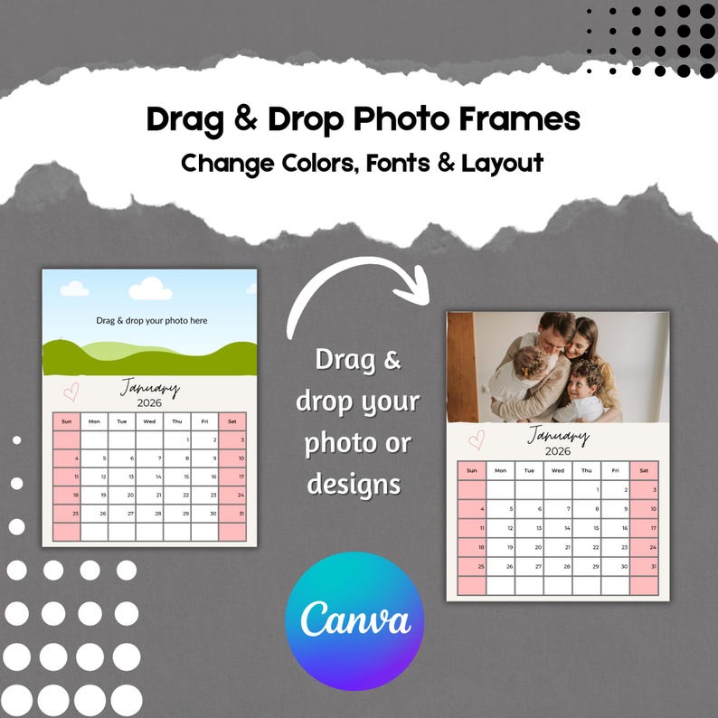 2026 Calendar Canva Editable Templates, 5 Set Bundle, Custom Photo ...