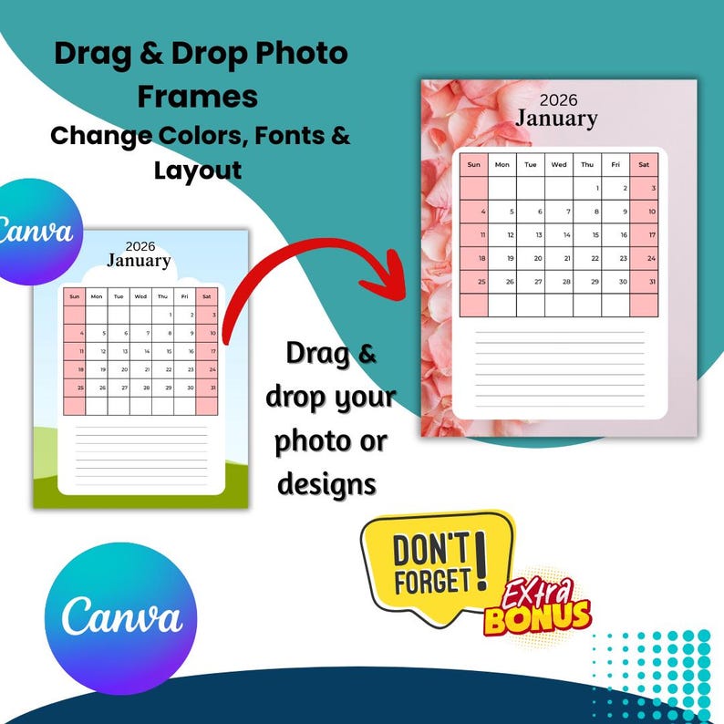 2026 Calendar Canva Editable Templates, 5 Set Bundle, Custom Photo ...