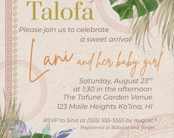 Invito per baby shower samoano / Modello Canva modificabile / Invito tropicale polinesiano Talofa