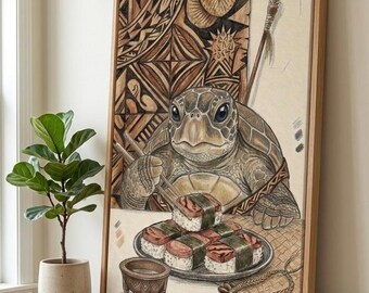 Tortuga samoana comiendo Spam Musubi SVG PNG / Archivo de corte Silhouette Cricut / Arte para pared de galería