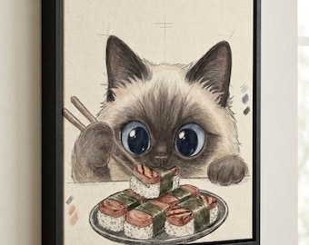 Gato Kawaii retro comiendo Spam Musubi SVG PNG / Archivo para Cricut Silhouette / Arte para pared de galería