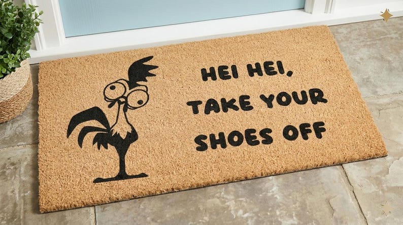 Puede incluir: Un felpudo rectangular de fibra de coco color canela con una ilustraci&oacute;n gr&aacute;fica negra de un gallo de ojos grandes a la izquierda y el texto negro "HEI HEI, TAKE YOUR SHOES OFF" impreso en una fuente negrita y redondeada a la derecha.