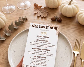 Modello Canva per il menu del Ringraziamento tra amici "Talk Turkey To Me" / File di decorazioni divertenti per la cena del Ringraziamento