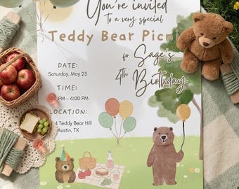 Invito di compleanno a tema picnic con orsacchiotti, invito di compleanno boho con orsacchiotti, modello Canva modificabile, festa in giardino stravagante