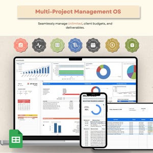 May include: A digital multi-project management operating system displayed on a laptop, smartphone, and tablet. The screen shows various data dashboards, charts, and project tracking tables. Seven colourful circular icons are arranged above the devices.