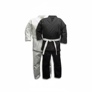 May include: Two martial arts uniforms. One is white, the other is black. The black uniform has a white belt tied around the waist. Both uniforms consist of a jacket and pants, designed for martial arts practice and competition.