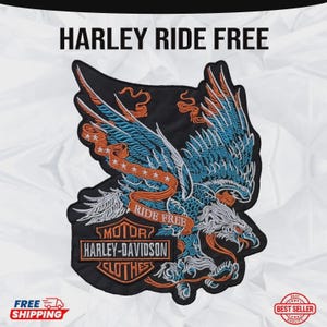 May include: Embroidered Harley-Davidson patch with a detailed eagle design in blue and orange. The patch includes the text "HARLEY RIDE FREE" and the Harley-Davidson logo. The patch is black with a white background.