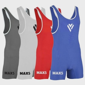 May include: Four wrestling singlets in gray, white, red, and blue. Each singlet has a white trim, a V-shaped logo, and the word "MAX5" printed on the leg. The singlets are designed for athletic use.