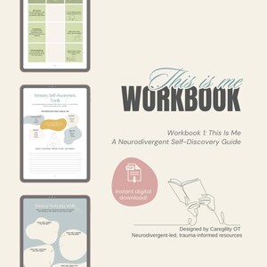 May include: A digital workbook titled "This is me WORKBOOK" with the subtitle "Workbook 1: This Is Me A Neurodivergent Self-Discovery Guide." The image includes a PDF icon with the text "Instant digital download!" and line art of a person reading a book.