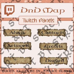 May include: A digital graphic featuring Twitch panels for a D&D map. The design includes a Twitch logo, the words "DnD Map" and "Twitch Panels." The panels are labeled "About," "Artwork," "Contact," "Credits," and "Discord." The background is a light peach color with a decorative pattern.