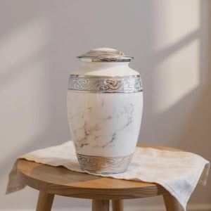 White Marble Cremation Urn for Human Ashes Adult Eco Friendly Aluminium Secure Screw Top Lid Velvet Storage Case