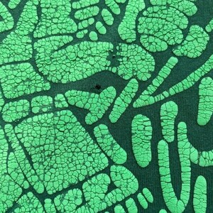 May include: Close-up of a dark green fabric with a raised, textured pattern in bright green. The pattern consists of various organic shapes, including rounded and elongated forms, creating a tactile and visually striking design.