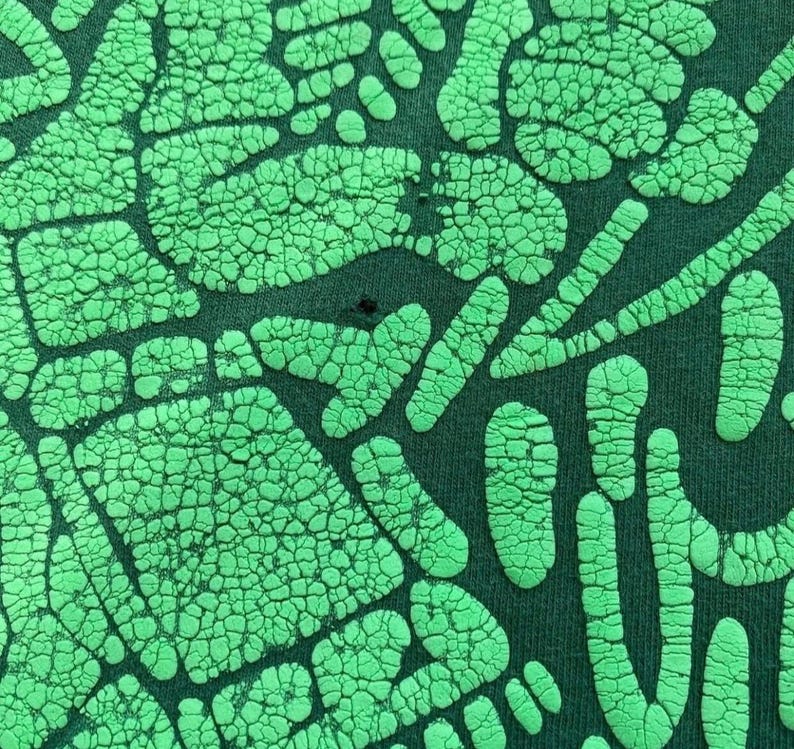 May include: Close-up of a dark green fabric with a raised, textured pattern in bright green. The pattern consists of various organic shapes, including rounded and elongated forms, creating a tactile and visually striking design.