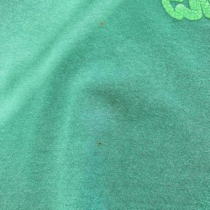 May include: Close-up of a teal green fabric with a textured surface. The fabric has a few small brown spots. A light green, textured design is visible in the upper right corner.