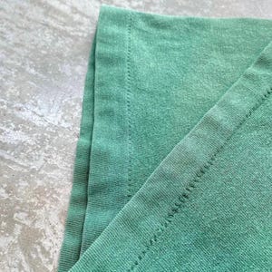 May include: Close-up of a section of a green t-shirt. The fabric is slightly faded, with visible stitching along the edges. The texture of the material is evident, showing the weave of the fibers.