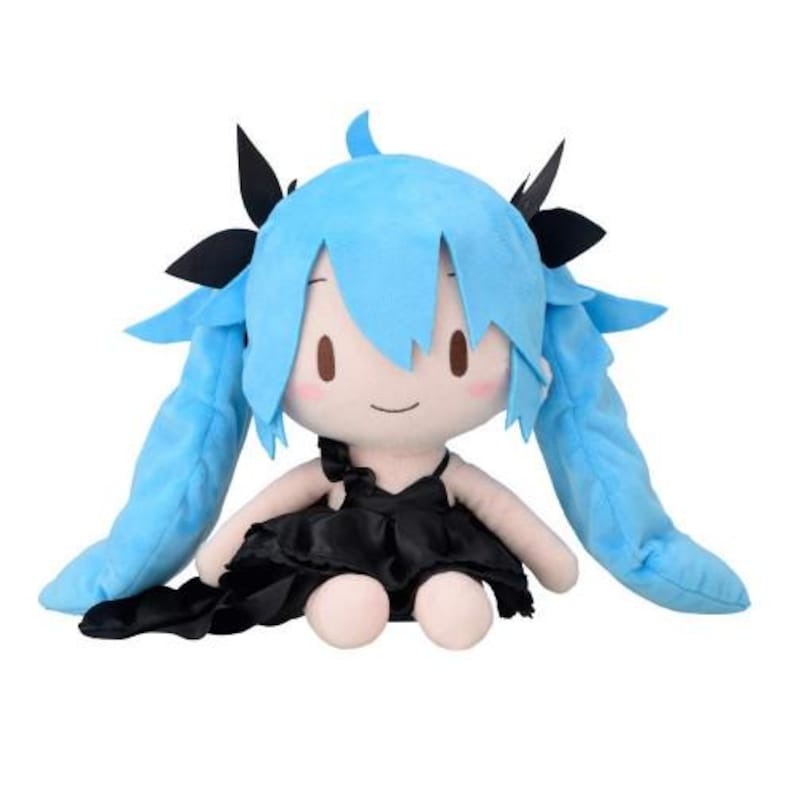 May include: A plush doll with light blue hair styled in pigtails and black accents. The doll has a smiling face, rosy cheeks, and is wearing a black dress. The doll is designed to look like a cartoon character.