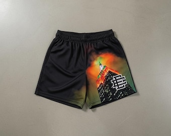 EE Style Night Skyline Mesh Shorts, Black Empire State Building Shorts, City Lights Graphic Streetwear