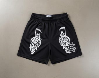 EE Style Grim Reaper Mesh Shorts, Black Death Reaper Print Shorts, Gothic Graphic Mesh Shorts Unisex