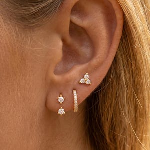 Conjunto de pendientes de circonita chapados en oro para mujer, pendientes de botón y aro apilables.