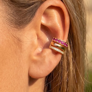 Gold Plated Triple Band Ear Cuff No Piercing Ruby & Clear Pave CZ Stackable Ear Wrap Multicolor Non Pierced Cartilage Jewelry Gift for Women