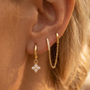 Gold Plated Dangle Earrings Set for Women Cubic Zirconia Double Hoop Chain Earrings Stack