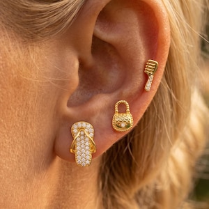 18K Gold Plated Pave CZ Flip‑Flop Lock Comb Flat‑Back Stud Earrings Unique Cartilage Piercing Set Stackable Tiny Novelty Jewelry for Women
