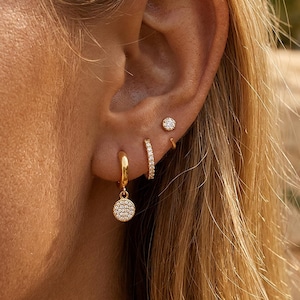 Mismatched Gold Earrings Set, 24K Gold Plated Copper, Cubic Zirconia Hoops, Dangle Drop Earrings, Minimalist Ear Stack Jewelry