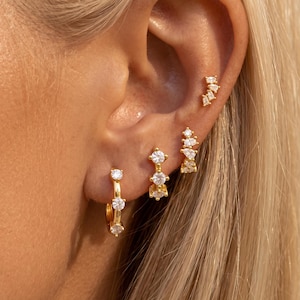 24K Gold Plated CZ Ear Stack Set, Cartilage Climber, Cluster Stud & Triple Huggie Hoop, Dainty Bridal Piercing Jewelry Gift for Women