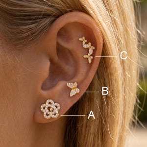 18K Gold Pave CZ Flower & Butterfly Stud Earrings, Floral Ear Crawler Piercing Set, Dainty Stackable Cartilage Studs Gift for Women