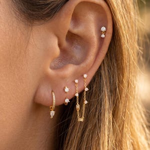 May include: A set of gold-toned earrings featuring a small hoop with a pear-shaped drop, two small stud earrings with clear stones, and a double-piercing chain earring with clear stones, plus a single stud earring in the upper ear cartilage.