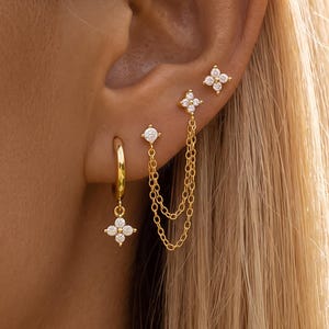Parure de boucles d'oreilles en plaqué or pour femme, trèfle à quatre feuilles et zircone, boucles d'oreilles pendantes avec chaîne