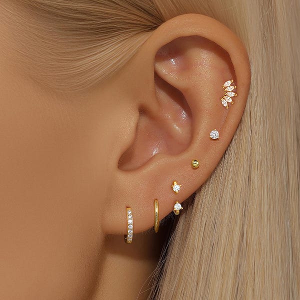 Gold Plated Earrings Stack for Women Cubic Zirconia Stud Hoop Earrings Set