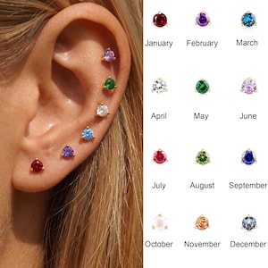 18K Gold Plated Birthstone Stud Earrings Tiny Round CZ Cartilage Piercing Studs Minimalist Multicolor Ear Piercing Jewelry Gift for Women