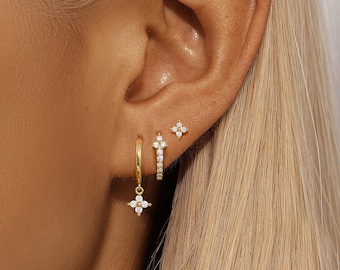 Gold Plated Zirconia Earrings Set for Women Four Leaf Clover Stud Hoop Dangle Earrings Stack