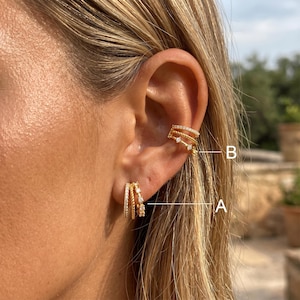 18K Gold Plated Pave CZ Stacked Hoops & Double Band Ear Cuff Set, Multi-Layer No Piercing Cartilage Wrap, Stackable Jewelry Gift for Women