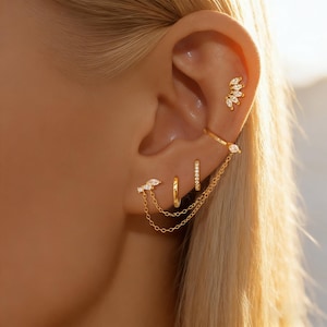 Gold Plated Earrings Stack for Women Cubic Zirconia Hoop Stud Chain Earrings Set