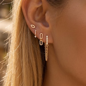 18K Gold Plated Pave CZ Chain Dangle Earring Set, Marquise Cartilage Stud & Star Drop Chain Piercing Stack, Minimalist Layered Link Jewelry