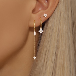 Gold Plated Earrings Set for Women Cubic Zirconia Four-Leaf Clover Stud Dangle Chain Earrings Stack Women Daily Jewelry Accessories