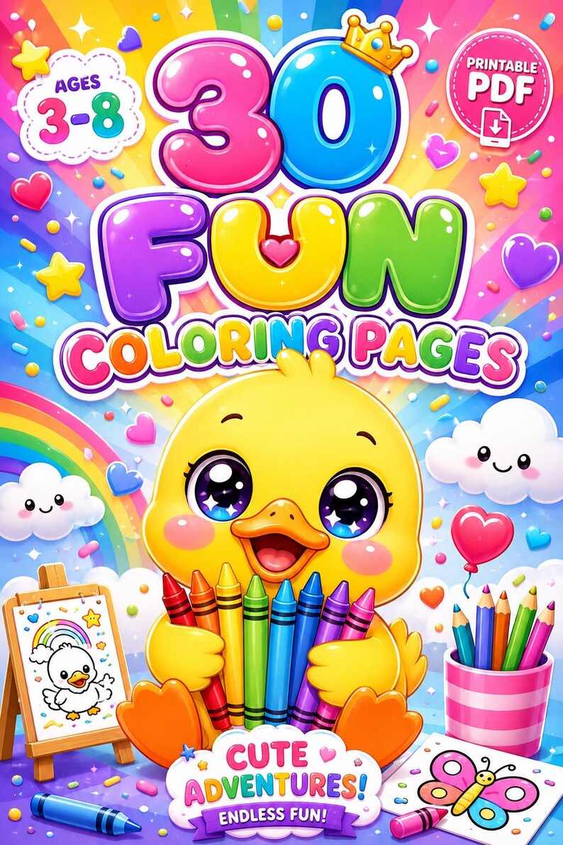 Kawaii Duck Coloring Book, 30 Fun Pages, Toddler Activity (printable ...