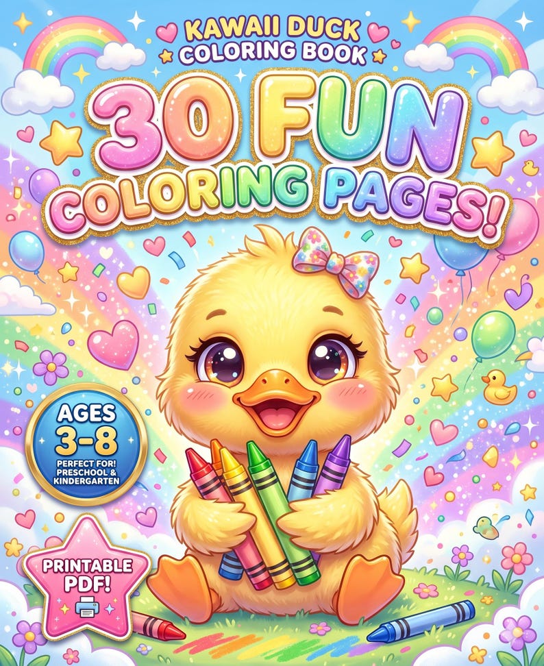 Kawaii Duck Coloring Book, 30 Fun Pages, Toddler Activity (printable ...