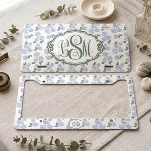 Personalized Floral License Plate Frame, Custom Hydrangea Car Tag with Monogram, Elegant Blue Flower Design