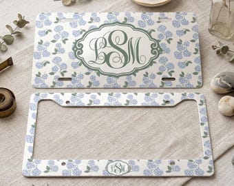 Personalized Floral License Plate Frame, Custom Hydrangea Car Tag with Monogram, Elegant Blue Flower Design