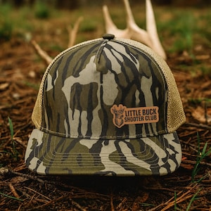 Little Buck Shooter Club Trucker Hat, Camo Hunting Snapback Cap with Printed Leather Patch, Outdoor Hat for Men, Deer Hunting Ranch Style