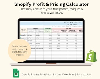 Calculadora de precios y ganancias de Shopify, Rastreador de costos de productos, Calculadora de margen de ganancia y ROAS, Plantilla de hoja de cálculo de Google Sheets