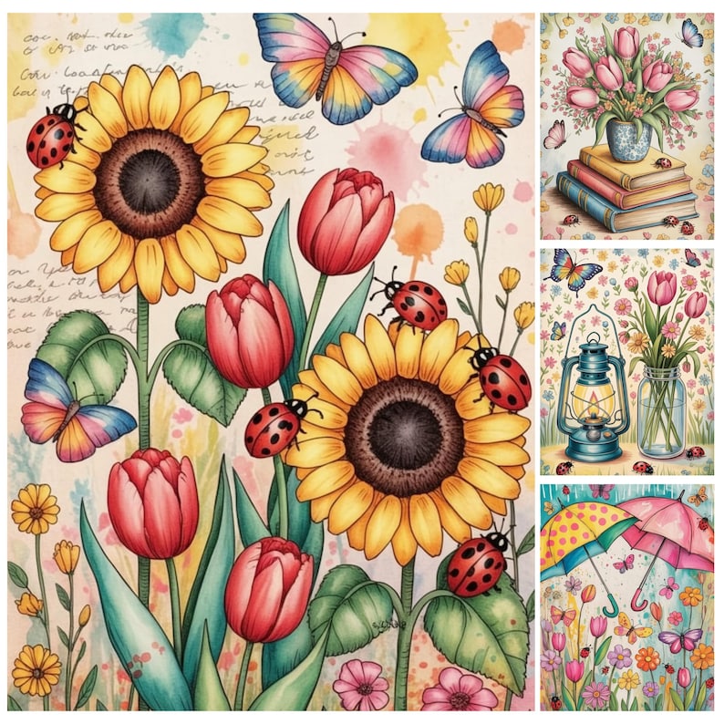 Pu&ograve; includere: Illustrazione ad acquerello con girasoli, tulipani, farfalle e coccinelle. L'opera d'arte ha un'estetica vintage con colori tenui e un tocco stravagante. L'immagine &egrave; divisa in pi&ugrave; pannelli, ognuno dei quali mostra una diversa composizione floreale.